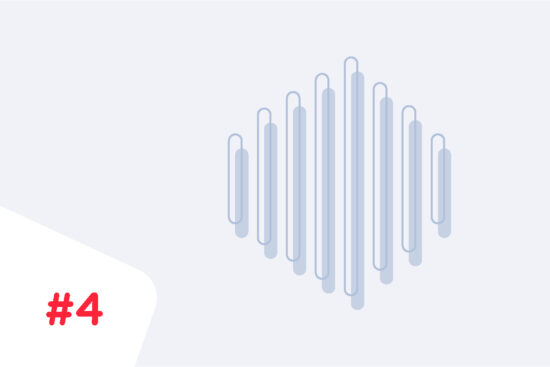 Illustration einer Schallwelle oder Frequenzkurve, dargestellt durch vertikale Balken unterschiedlicher Höhe in hellem Blaugrau auf hellgrauem Hintergrund. Nummer 4 in Rot unten links.