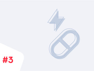 Illustration eines Blitzsymbols über einer Kapsel bzw. Tablette, dargestellt in hellem Blaugrau auf hellgrauem Hintergrund. Nummer 3 in Rot unten links.