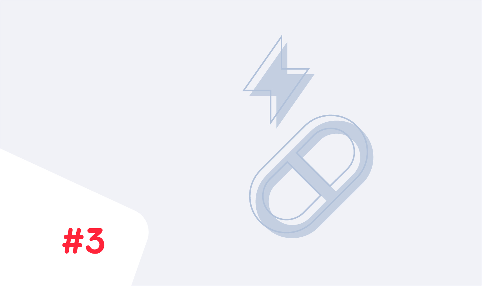 Illustration eines Blitzsymbols über einer Kapsel bzw. Tablette, dargestellt in hellem Blaugrau auf hellgrauem Hintergrund. Nummer 3 in Rot unten links.