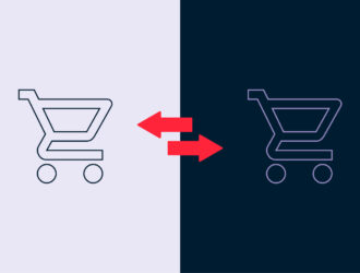 Illustration zweier Einkaufswagen, die durch zwei gegenläufige rote Pfeile miteinander verbunden sind – als Symbol für den Vergleich von Apotheken-Onlineshopsysteme. Linke Seite hell, rechte Seite dunkel.