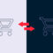 Illustration zweier Einkaufswagen, die durch zwei gegenläufige rote Pfeile miteinander verbunden sind – als Symbol für den Vergleich von Apotheken-Onlineshopsysteme. Linke Seite hell, rechte Seite dunkel.
