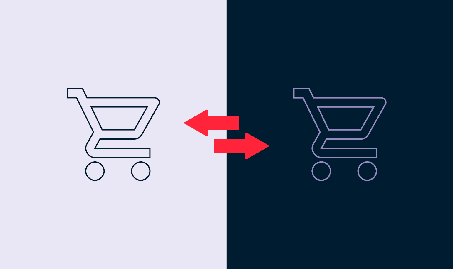 Illustration zweier Einkaufswagen, die durch zwei gegenläufige rote Pfeile miteinander verbunden sind – als Symbol für den Vergleich von Apotheken-Onlineshopsysteme. Linke Seite hell, rechte Seite dunkel.