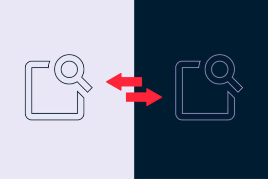 Illustration zweier Dokument-Suche-Icons (Dokument mit Lupe), die durch zwei gegenläufige rote Pfeile miteinander verbunden sind – als Symbol für den Vergleich von SEO-Tools für Apotheken. Linke Seite hell, rechte Seite dunkel.