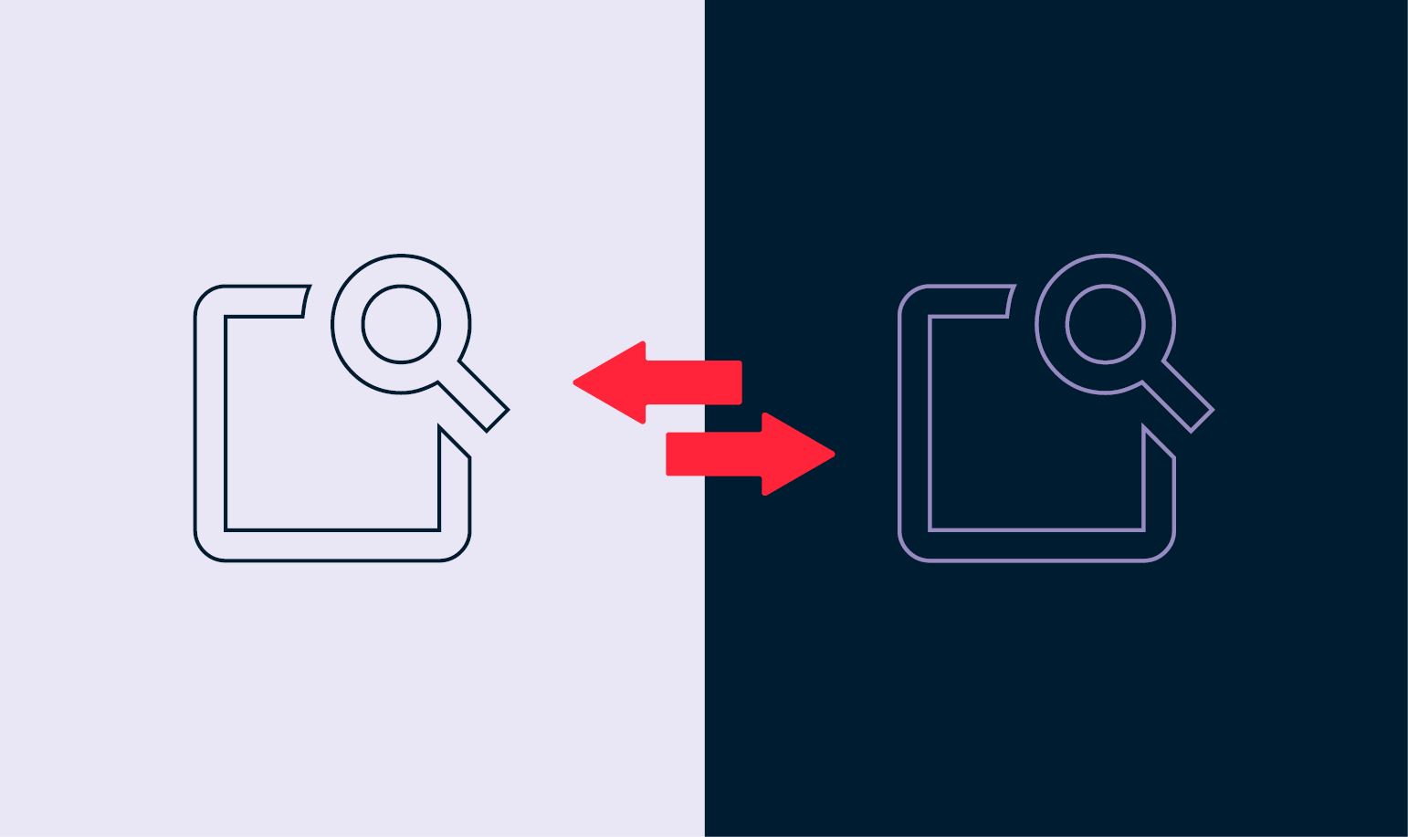 Illustration zweier Dokument-Suche-Icons (Dokument mit Lupe), die durch zwei gegenläufige rote Pfeile miteinander verbunden sind – als Symbol für den Vergleich von SEO-Tools für Apotheken. Linke Seite hell, rechte Seite dunkel.