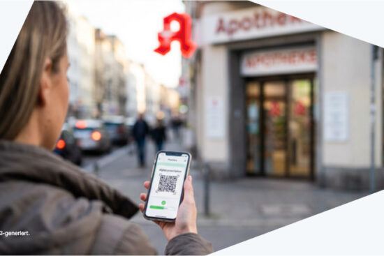 Eine Frau steht vor einer Apotheke und hält ein Smartphone mit einem QR-Code in der Hand, mit einem digitalen Rezept.