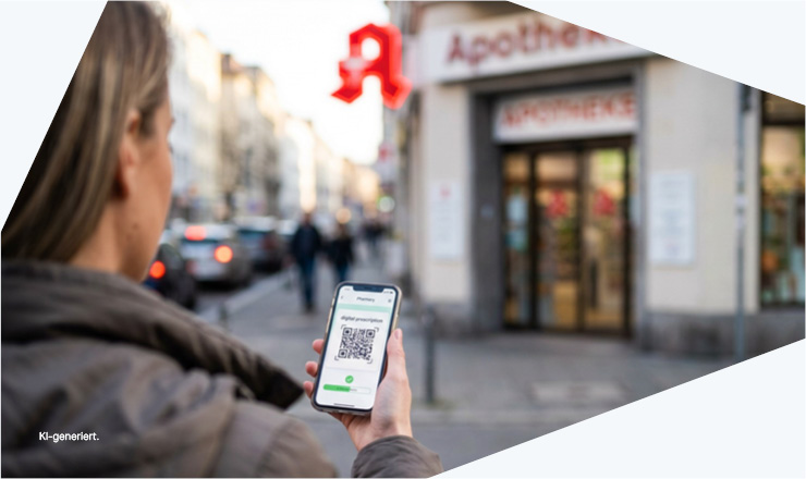 Eine Frau steht vor einer Apotheke und hält ein Smartphone mit einem QR-Code in der Hand, mit einem digitalen Rezept.